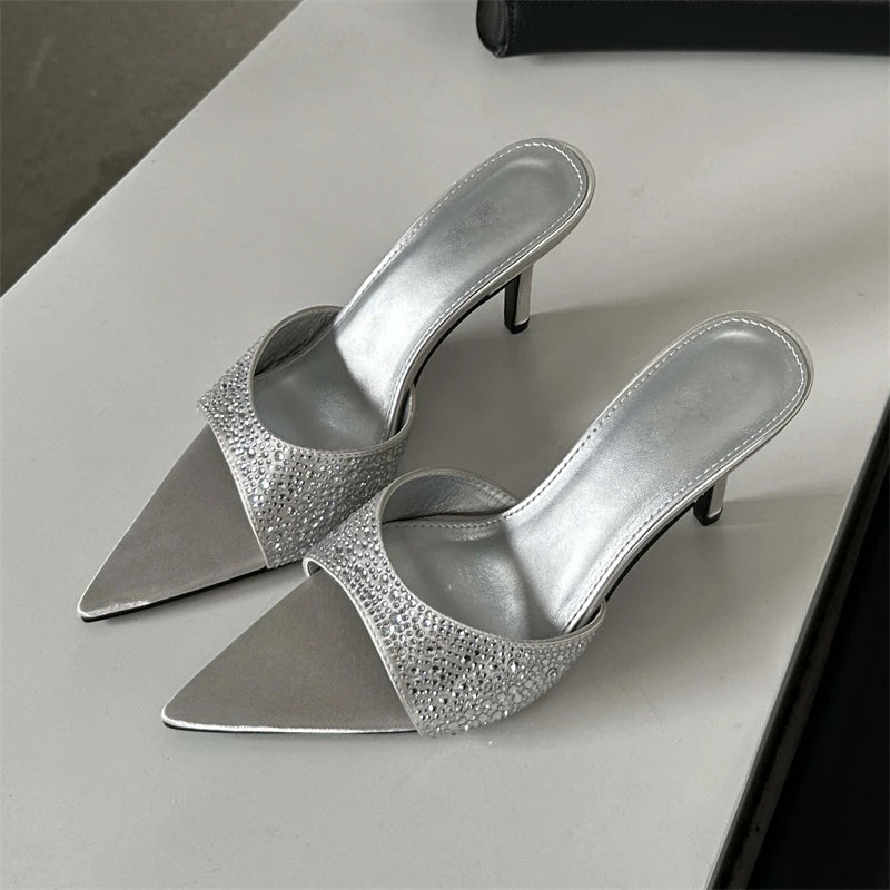 New Summer Silk Slippers Thin Mules Beach Slides Shoes Low Heel Pumps