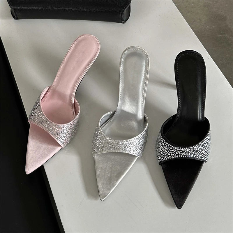 New Summer Silk Slippers Thin Mules Beach Slides Shoes Low Heel Pumps