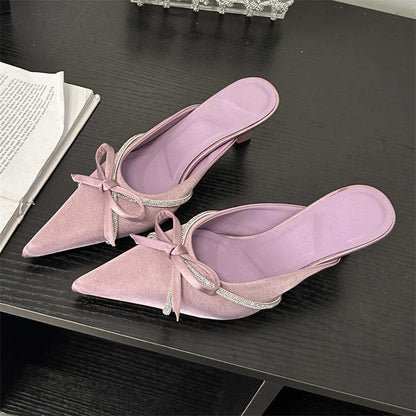 Crystal Butterflyknot Woman Pumps Design Style Low Heels Pointed Toe Shallow Shoes Slides Mules Slippers