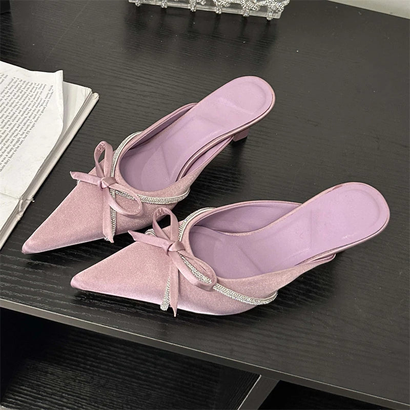 Crystal Butterflyknot Woman Pumps Design Style Low Heels Pointed Toe Shallow Shoes Slides Mules Slippers