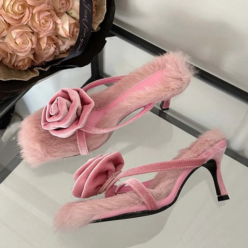 Corduroy Faux Fur Slippers Square Toe Highs Slides Summer Outdoor Banquet Shoes Low Heel Pumps