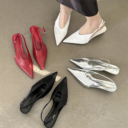 Designer Pointed Toe Buckle Strap Thin Banquet Dress Mule Shoes Low Heel Pumps