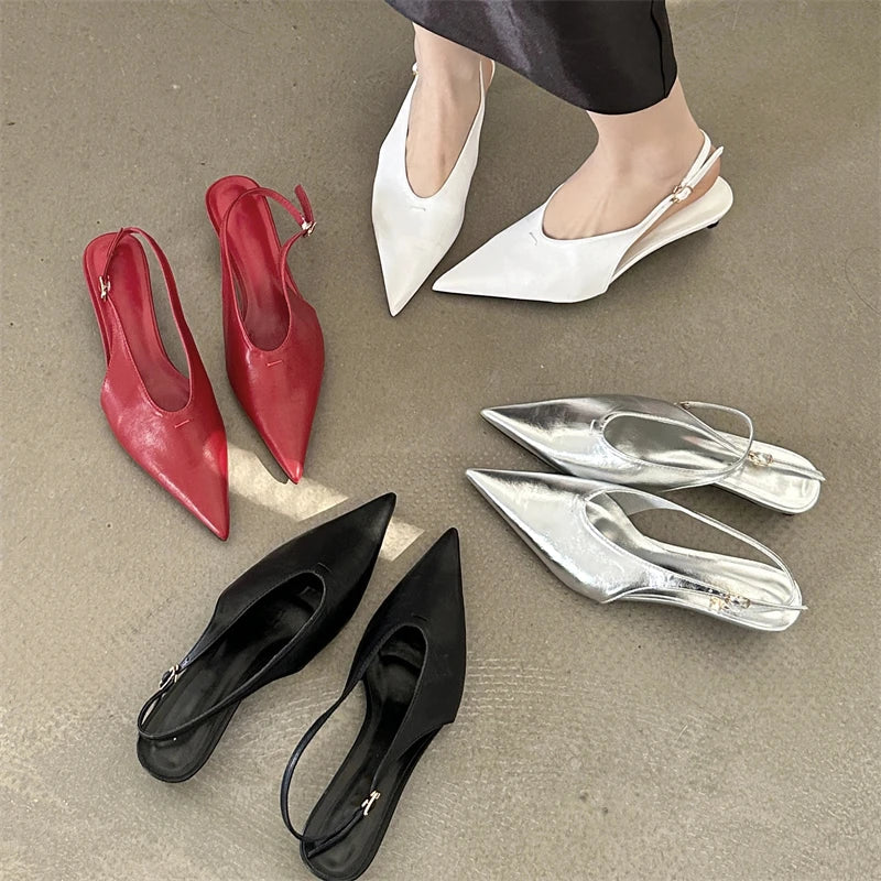 Designer Pointed Toe Buckle Strap Thin Banquet Dress Mule Shoes Low Heel Pumps