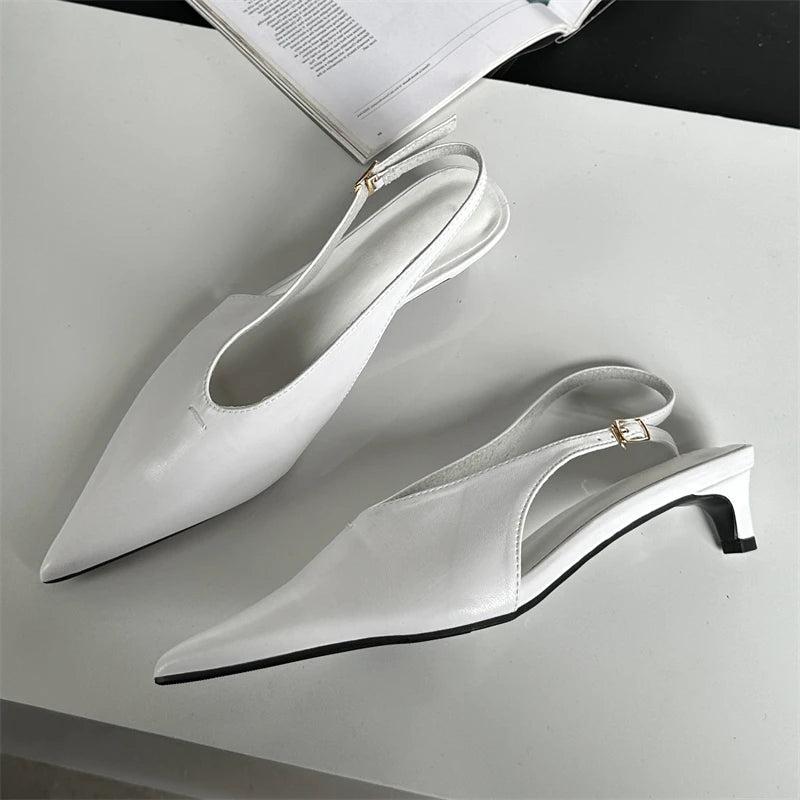 Designer Pointed Toe Buckle Strap Thin Banquet Dress Mule Shoes Low Heel Pumps