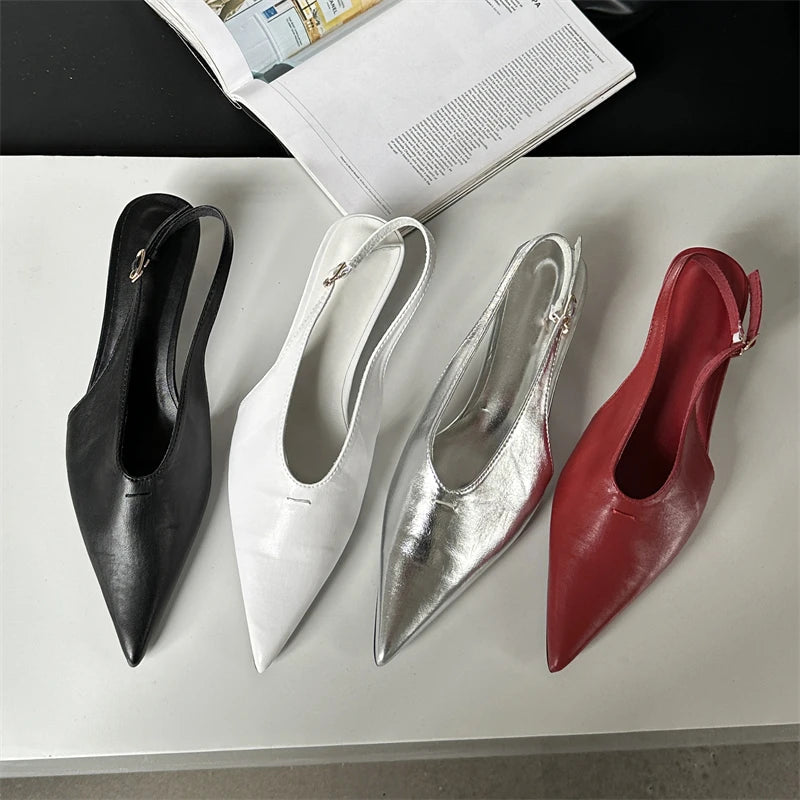 Designer Pointed Toe Buckle Strap Thin Banquet Dress Mule Shoes Low Heel Pumps