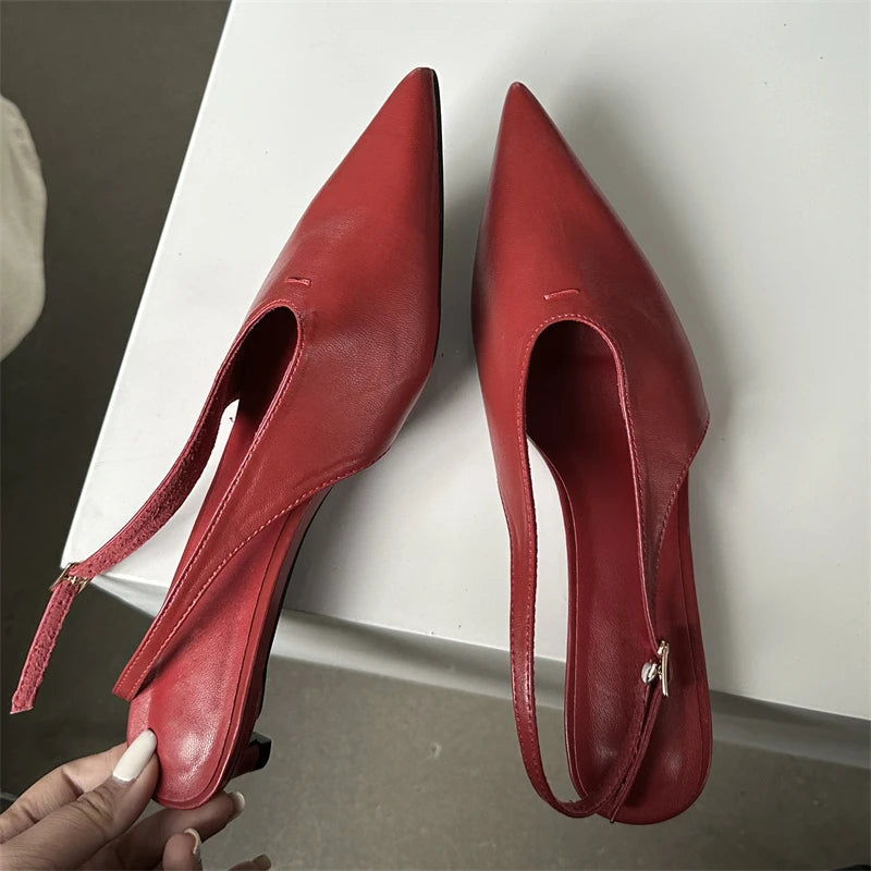 Designer Pointed Toe Buckle Strap Thin Banquet Dress Mule Shoes Low Heel Pumps