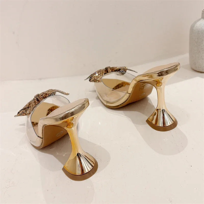 Glitter Peep Toe Slippers Pvc Transparent High Banquet Party Mule Shoes Low Heel Pumps