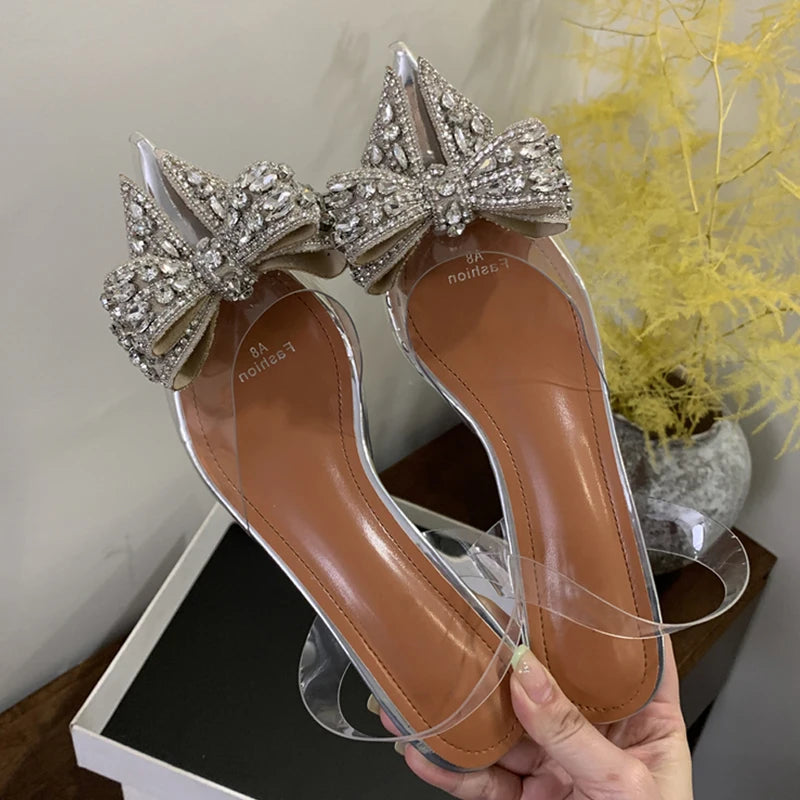 Pvc Transparent Sequined Bowknot High Party Prom Shoes Low Heel Pumps