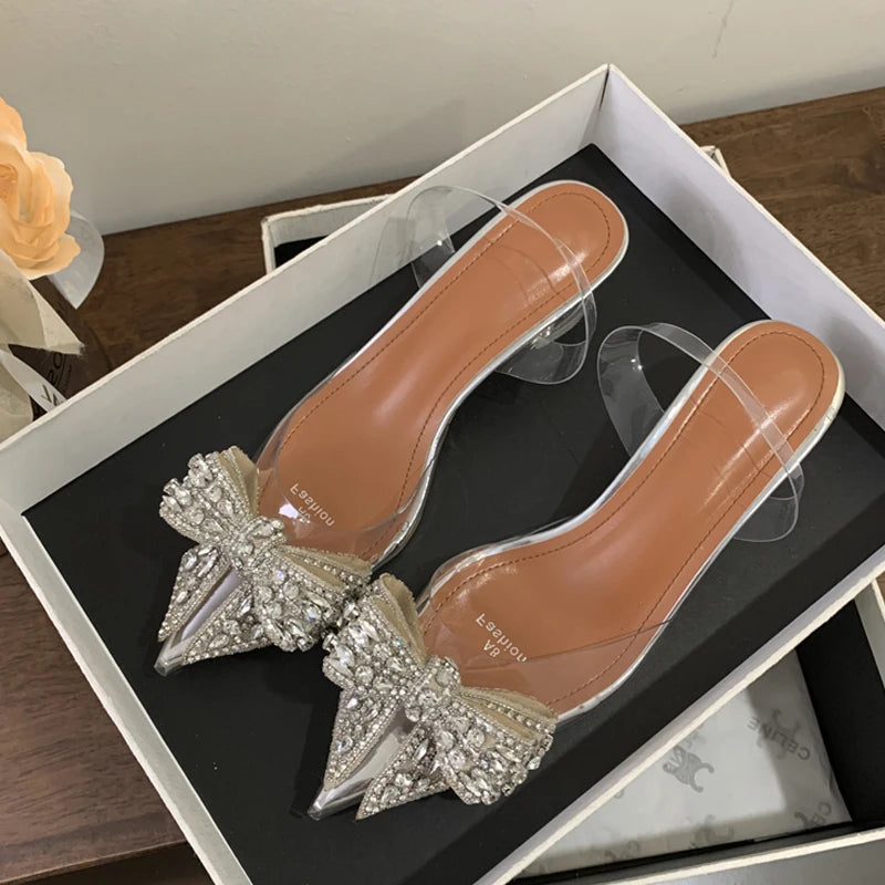 Pvc Transparent Sequined Bowknot High Party Prom Shoes Low Heel Pumps