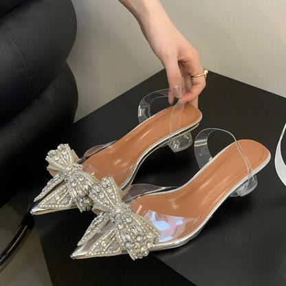 Pvc Transparent Sequined Bowknot High Party Prom Shoes Low Heel Pumps