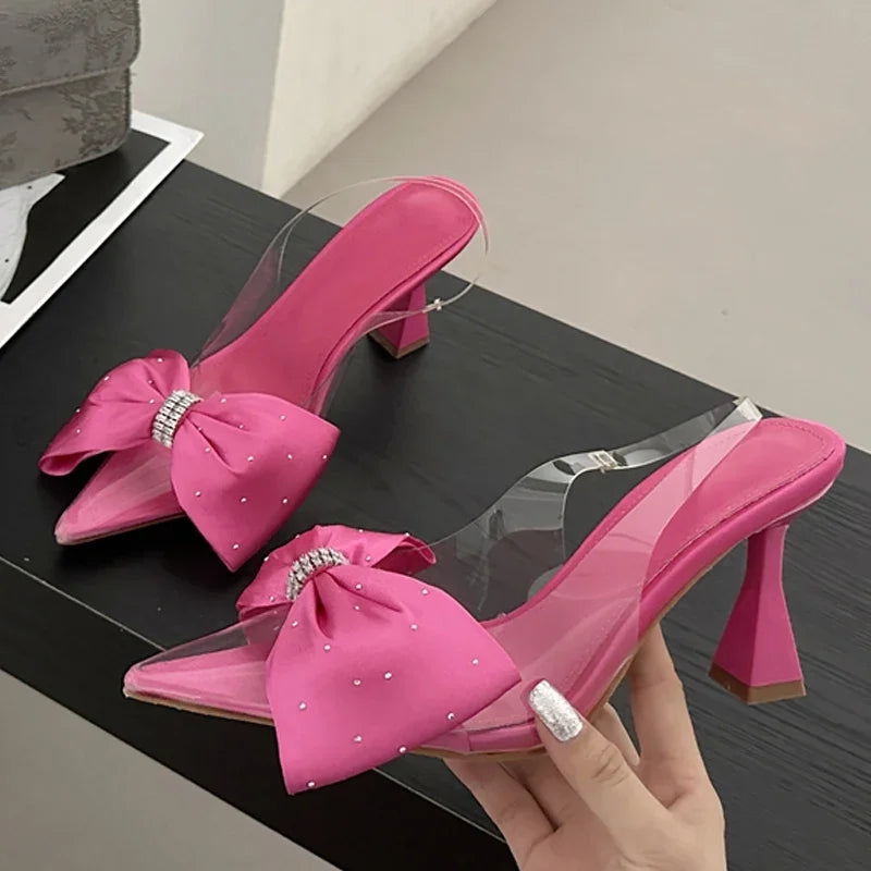 Butterfly-knot Pointed Toe Pvc Transparent Highs Wedding Banquet Mules Shoes Low Heel Pumps