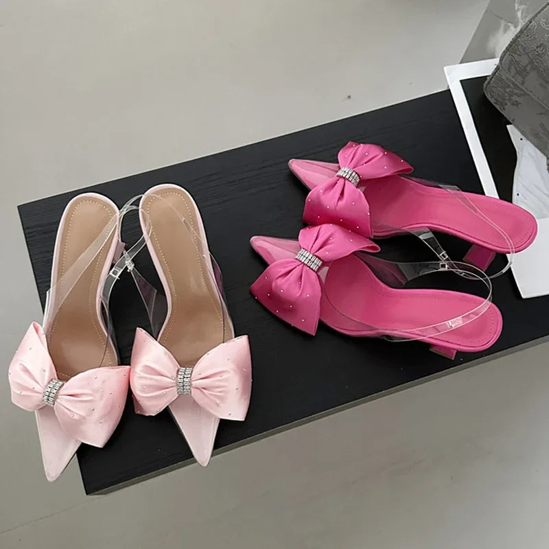 Butterfly-knot Pointed Toe Pvc Transparent Highs Wedding Banquet Mules Shoes Low Heel Pumps