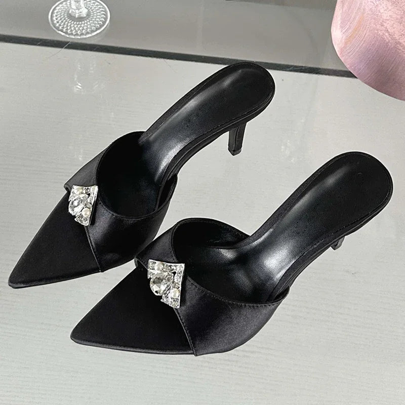 Summer Crystal Diamond Slippers Pointed Toe Shoes Thin Heels Banquet Slides Sandals