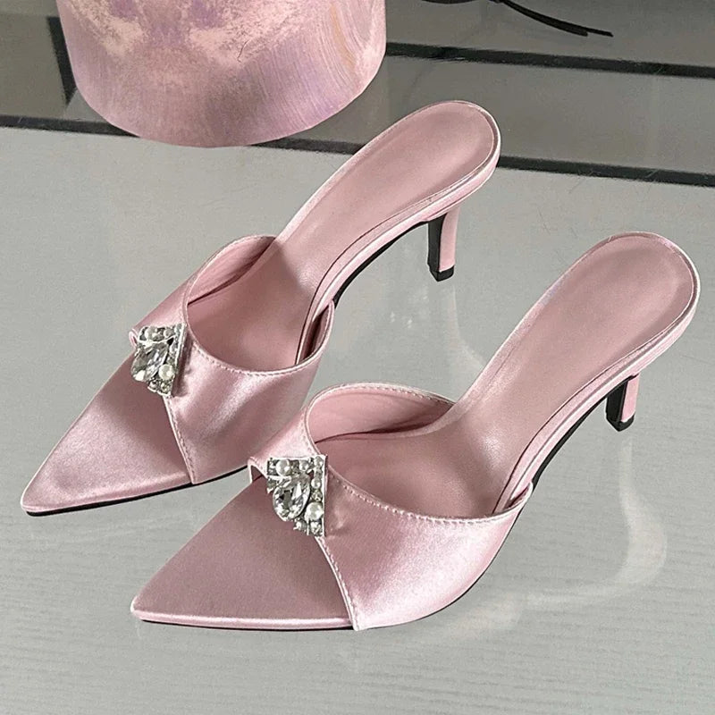 Summer Crystal Diamond Slippers Pointed Toe Shoes Thin Heels Banquet Slides Sandals