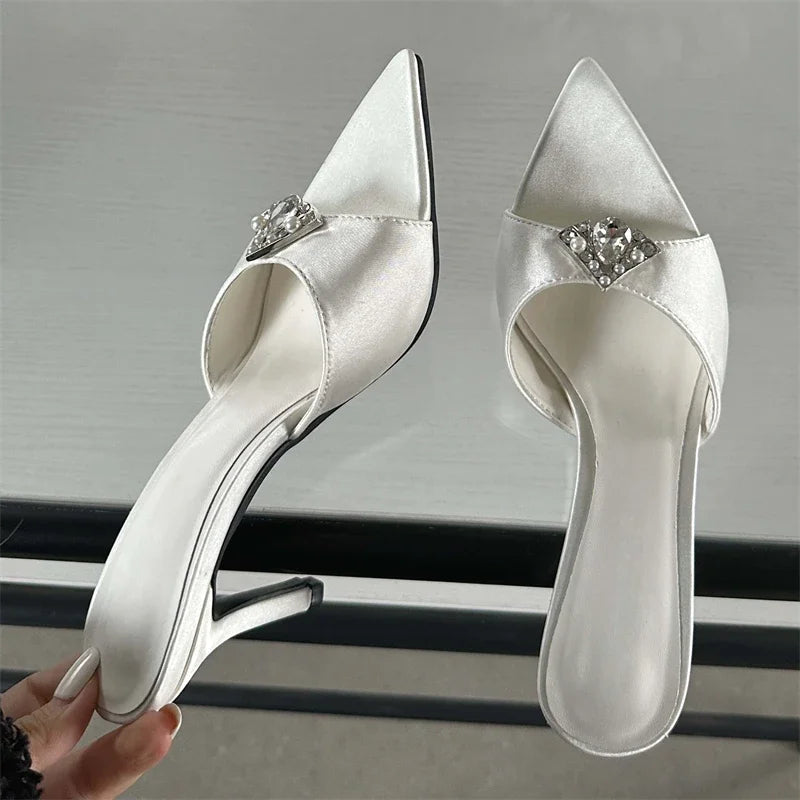 Summer Crystal Diamond Slippers Pointed Toe Shoes Thin Heels Banquet Slides Sandals
