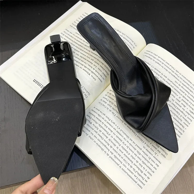 Design Pleated Pointed Toe Slippers Thin Summer Slide Shoes Low Heel Pumps