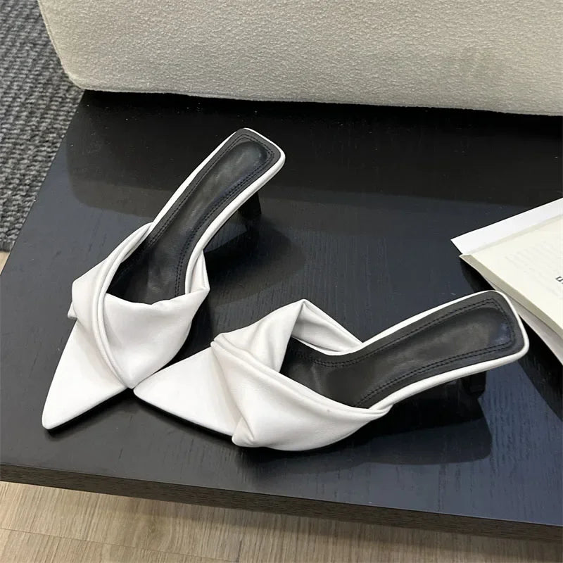 Design Pleated Pointed Toe Slippers Thin Summer Slide Shoes Low Heel Pumps