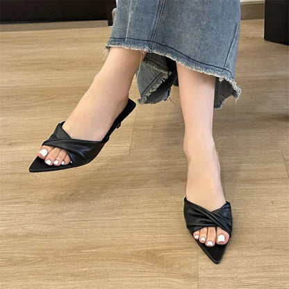 Design Pleated Pointed Toe Slippers Thin Summer Slide Shoes Low Heel Pumps