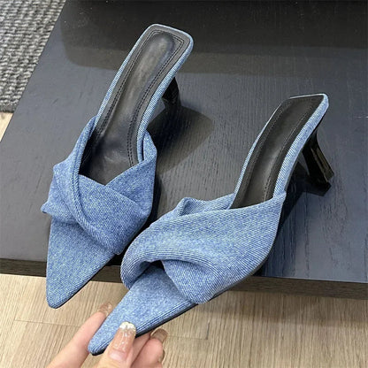 Design Pleated Pointed Toe Slippers Thin Summer Slide Shoes Low Heel Pumps