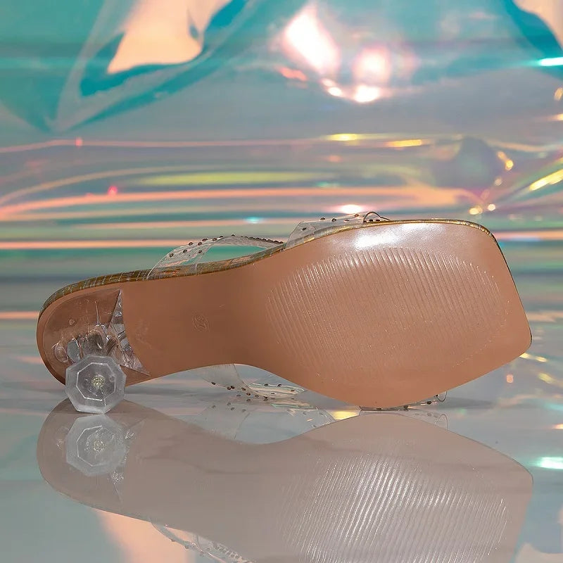 Gold Silver Pvc Transparent Summer Slippers Clear High Banquet Shoes Low Heel Pumps