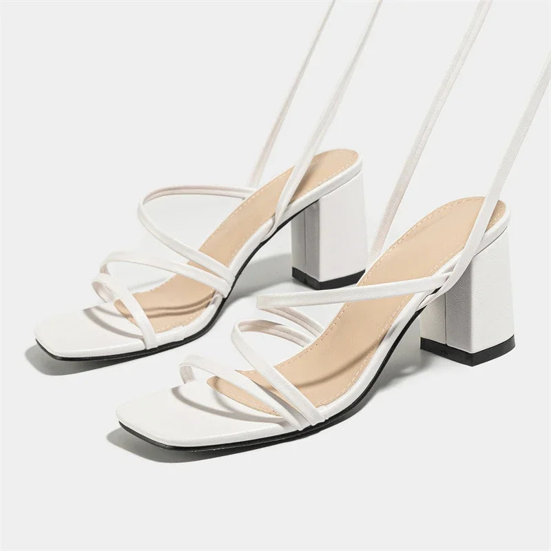Narrow Band Ankle Cross-strap Summer Square Toe Highs Party Shoes Low Heel Pumps