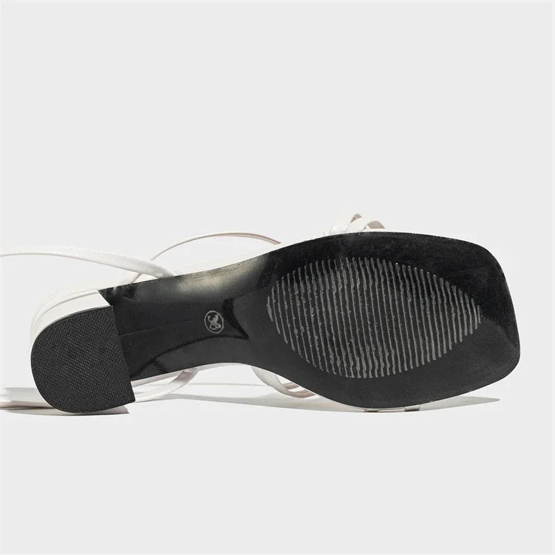 Narrow Band Ankle Cross-strap Summer Square Toe Highs Party Shoes Low Heel Pumps