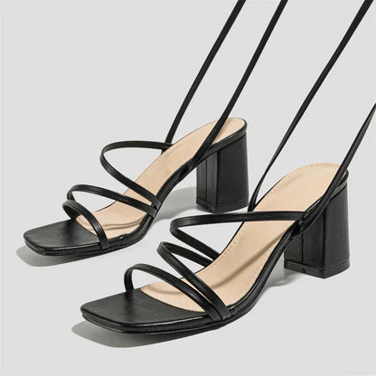 Narrow Band Ankle Cross-strap Summer Square Toe Highs Party Shoes Low Heel Pumps