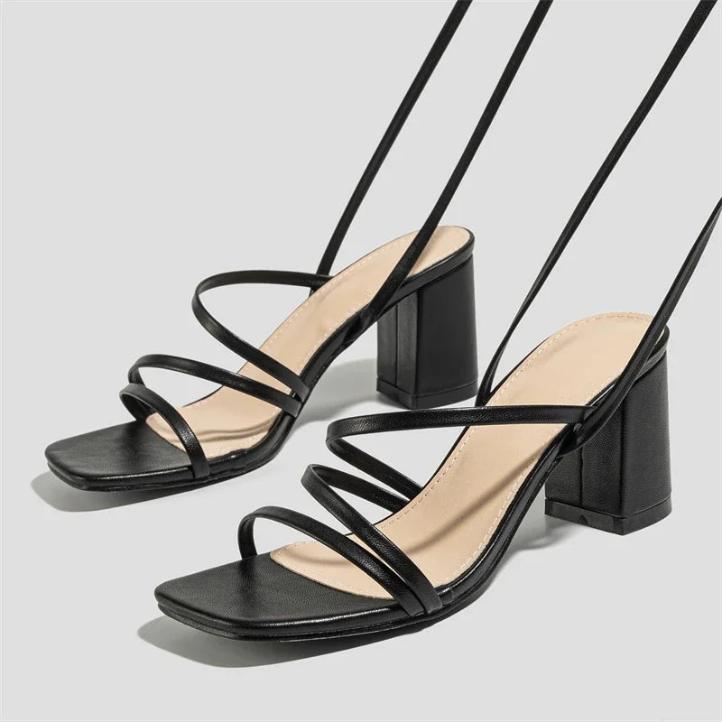 Narrow Band Ankle Cross-strap Summer Square Toe Highs Party Shoes Low Heel Pumps