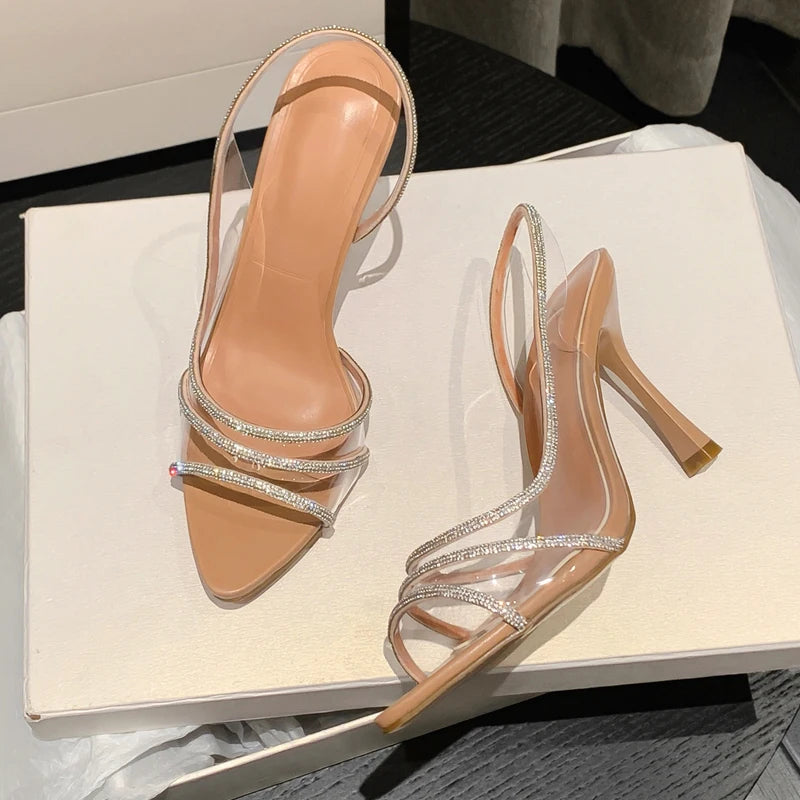 Summer Slingback Highs Rhinestones Pointed Toe Transparent Pvc Party Shoes Low Heel Pumps