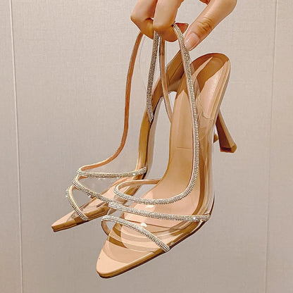 Summer Slingback Highs Rhinestones Pointed Toe Transparent Pvc Party Shoes Low Heel Pumps