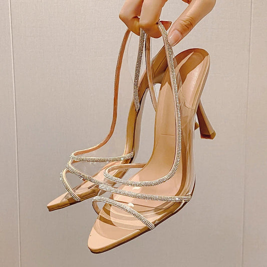 Summer Slingback Highs Rhinestones Pointed Toe Transparent Pvc Party Shoes Low Heel Pumps