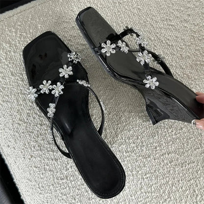 New Arrived Summer Square Toe Slippers Designer Wedge Highs Outdoor Party Shoes Low Heel Pumps