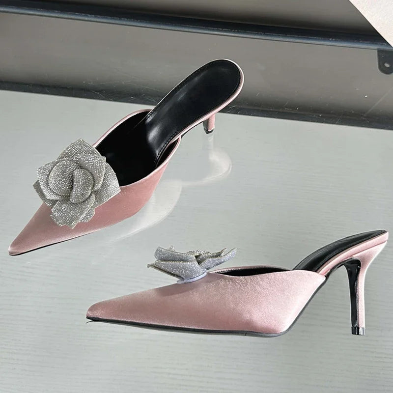 New Design Silk Pointed Toe Slippers Thin Party Dress Mule Shoes Low Heel Pumps