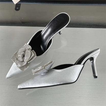 New Design Silk Pointed Toe Slippers Thin Party Dress Mule Shoes Low Heel Pumps