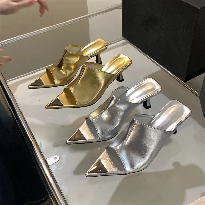 New Summer Pointed Peep Toe Slide Slippers Thin Banquet Party Prom Designer Shoes Low Heel Pumps