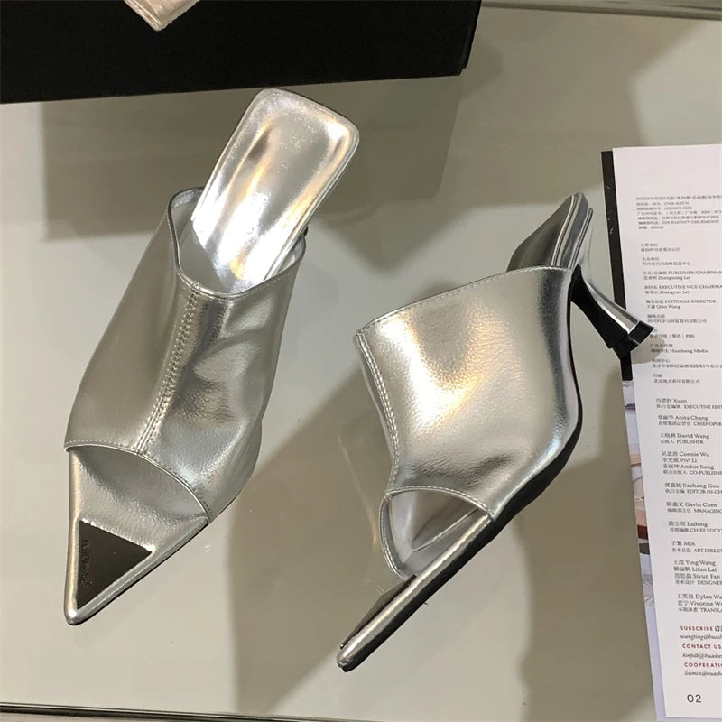 New Summer Pointed Peep Toe Slide Slippers Thin Banquet Party Prom Designer Shoes Low Heel Pumps