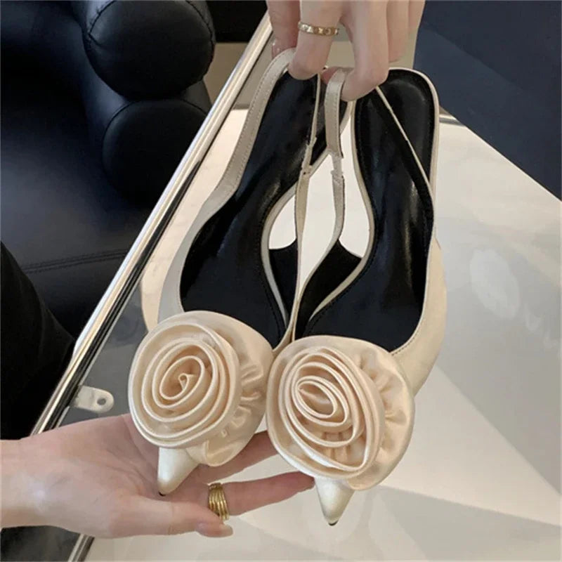 Satin Slingback Design Pointed Toe Thin Highs Banquet Wedding Mule Shoes Low Heel Pumps