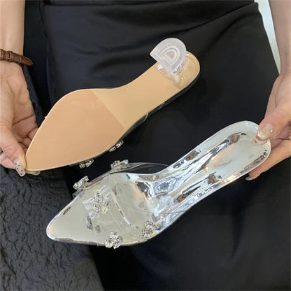 Diamond Pvc Transparent Pointed Toe High Slippers Summer Slide Shoes Low Heel Pumps