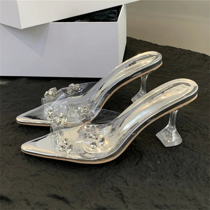 Diamond Pvc Transparent Pointed Toe High Slippers Summer Slide Shoes Low Heel Pumps