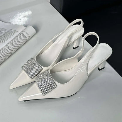 Square Button Thin Pointed Toe Slingback Mules Shoes Low Heel Pumps