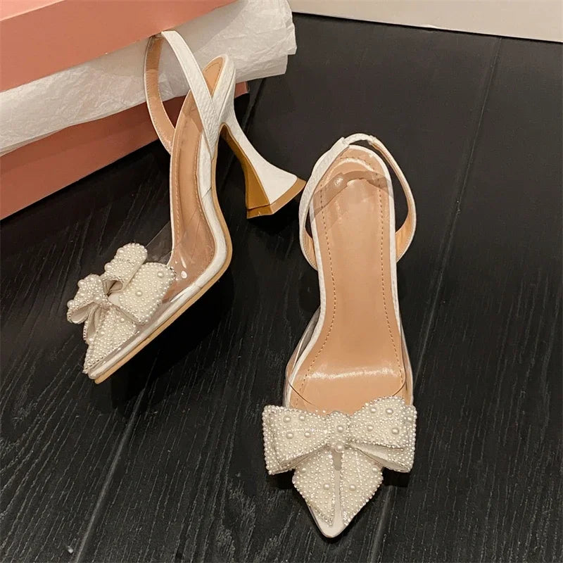 Spring Butterfly-knot Pvc Transparent String Bead Pointed Toe Party High Mules Shoes Low Heel Pumps