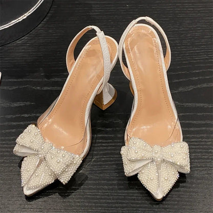 Spring Butterfly-knot Pvc Transparent String Bead Pointed Toe Party High Mules Shoes Low Heel Pumps