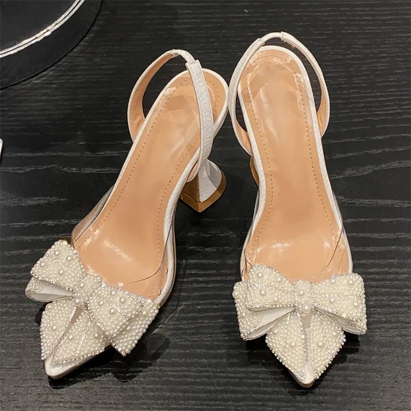 Spring Butterfly-knot Pvc Transparent String Bead Pointed Toe Party High Mules Shoes Low Heel Pumps