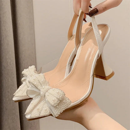 Spring Butterfly-knot Pvc Transparent String Bead Pointed Toe Party High Mules Shoes Low Heel Pumps