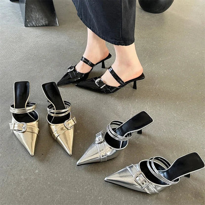 Spring Buckle Strap Design Style Thins Pointed Toe Shal Shoes Mules Sandals Low Heel Pumps