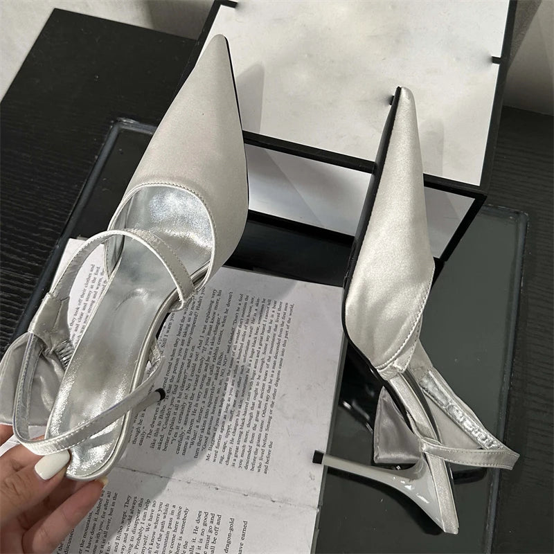 Spring Pleated Hol Pointed Toe Thin Party Slingbacks Mule Shoes Low Heel Pumps