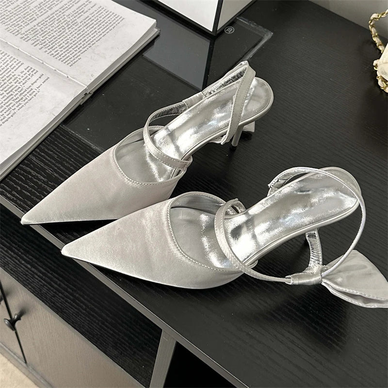 Spring Pleated Hol Pointed Toe Thin Party Slingbacks Mule Shoes Low Heel Pumps