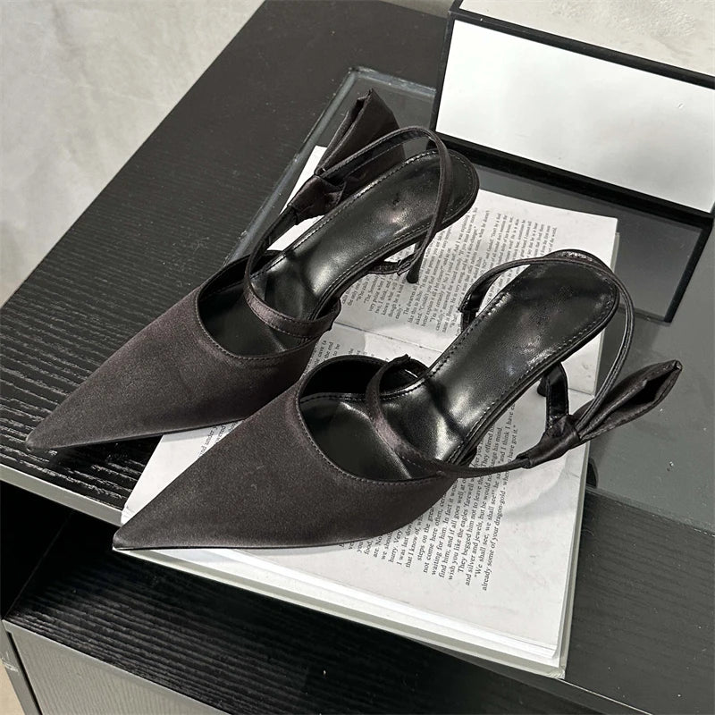 Spring Pleated Hol Pointed Toe Thin Party Slingbacks Mule Shoes Low Heel Pumps