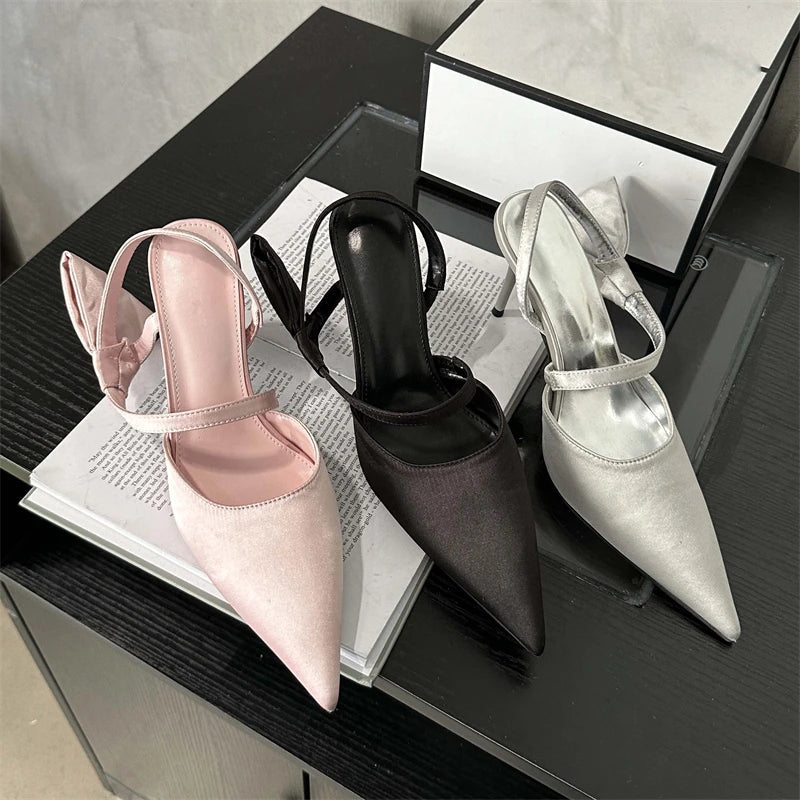 Spring Pleated Hol Pointed Toe Thin Party Slingbacks Mule Shoes Low Heel Pumps