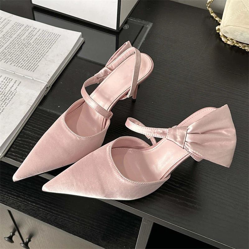 Spring Pleated Hol Pointed Toe Thin Party Slingbacks Mule Shoes Low Heel Pumps